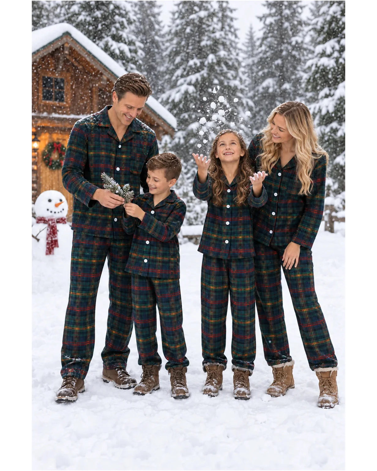 Family wearing dark green tartan pajamas beside a snowman outside a cabin.