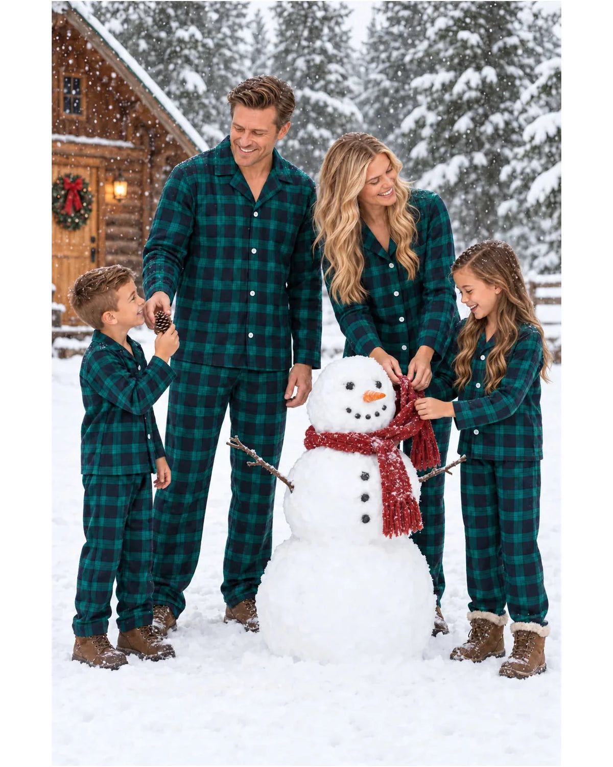 Family wearing green and black plaid pajamas beside a snowman outside a wooden cabin.