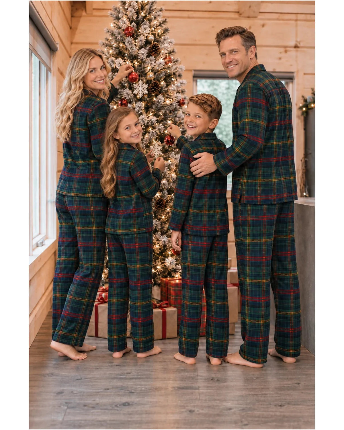 Rear view of a family in dark green tartan pajama shirts and pants beside a Christmas tree.