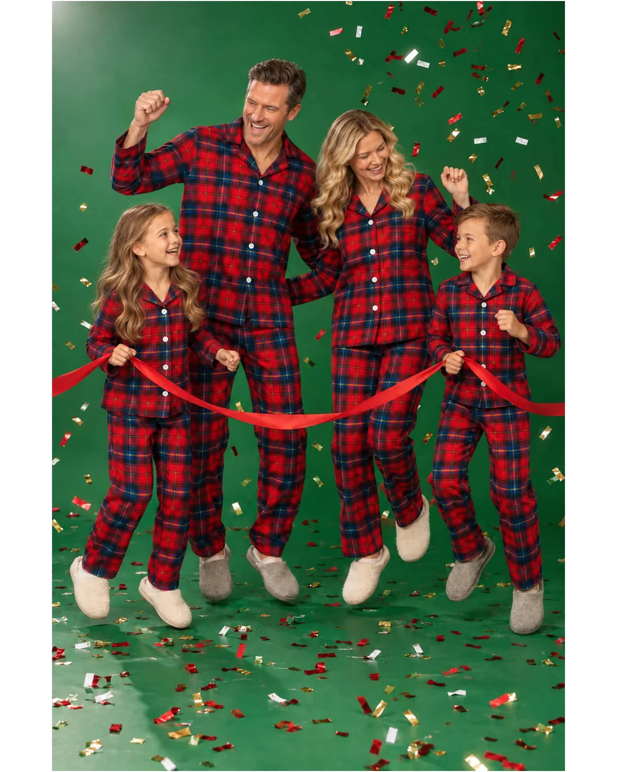 Family wearing red and blue plaid pajamas with a red ribbon and confetti against a green backdrop.