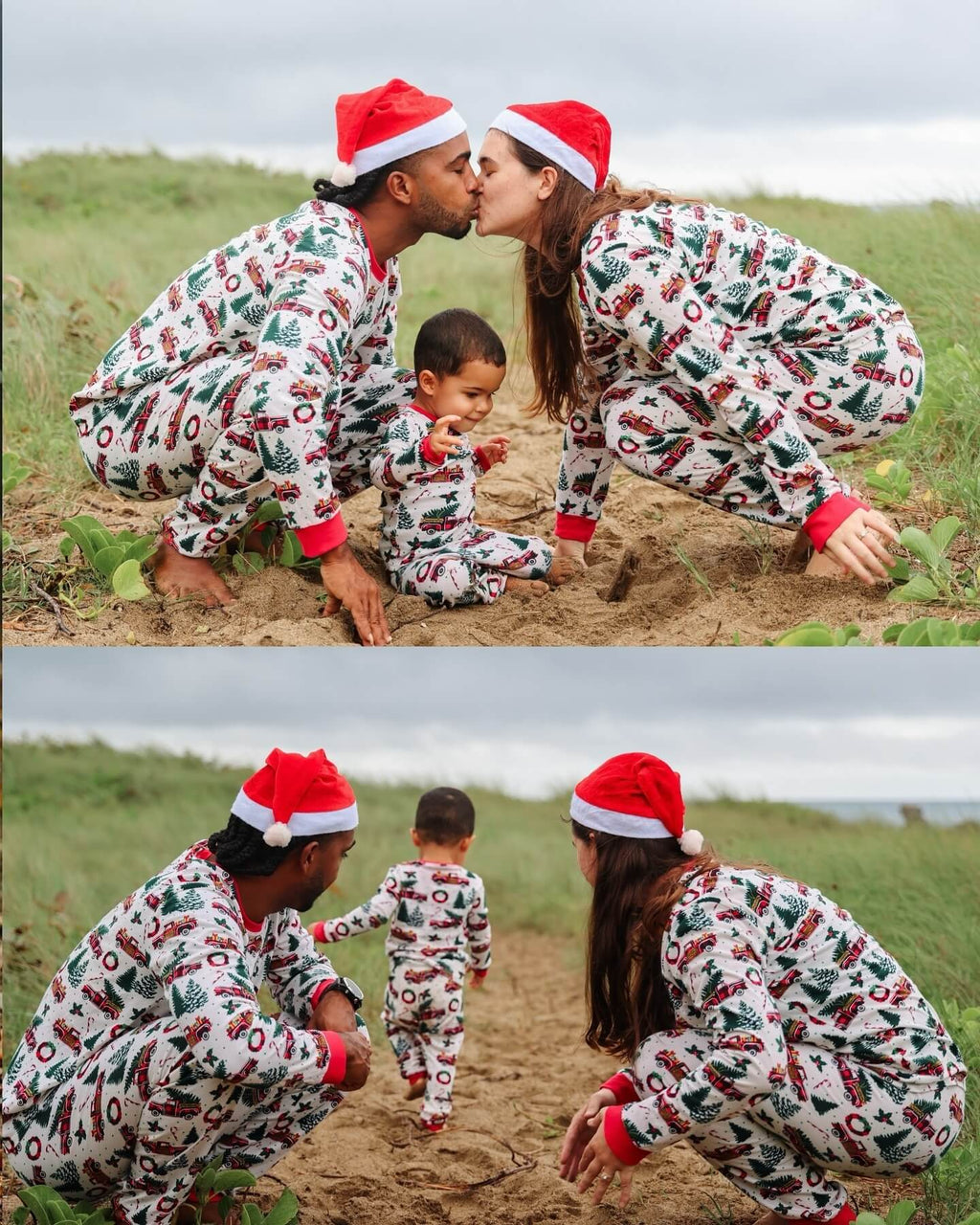 Parents wearing Santa hats crouching on a grassy beach dune with their toddler in matching red truck and wreath pattern Christmas pajamas.