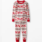 Product shot on white background of a two-piece long-sleeve Fair Isle reindeer pajama set with red crew neck and ribbed cuffs.