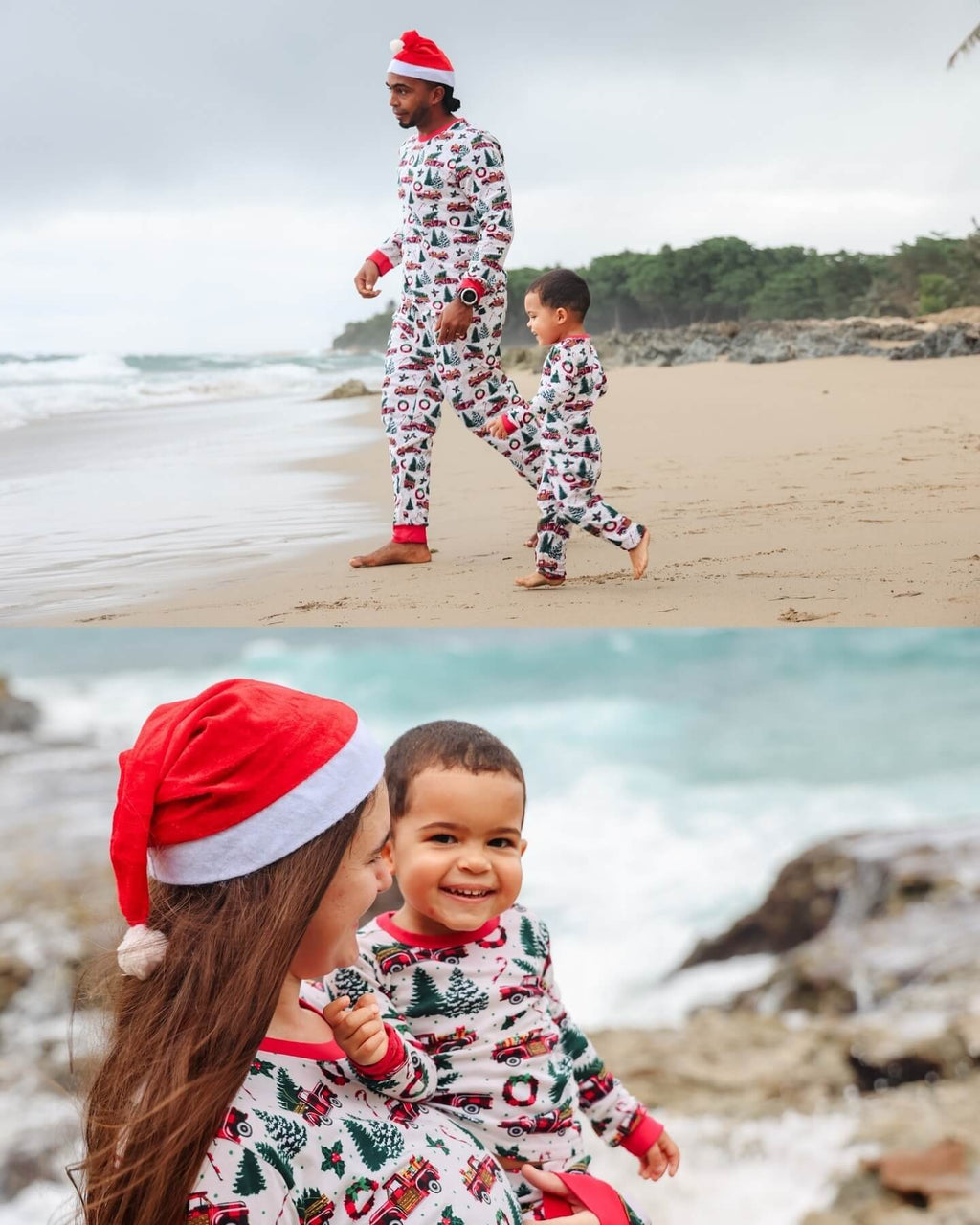 Father and mother wearing Santa hats with toddler on a sandy beach in matching white Christmas pajamas featuring vintage red trucks and holiday trees.