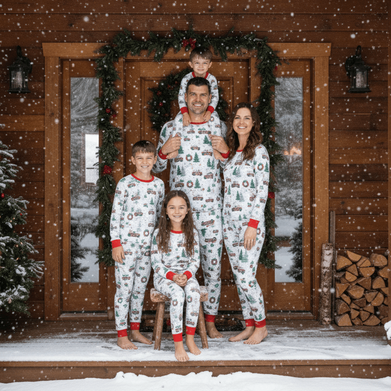 Family of five posing on a snowy cabin porch surrounded by evergreen garland, dressed in matching white pajamas with red truck and wreath print.