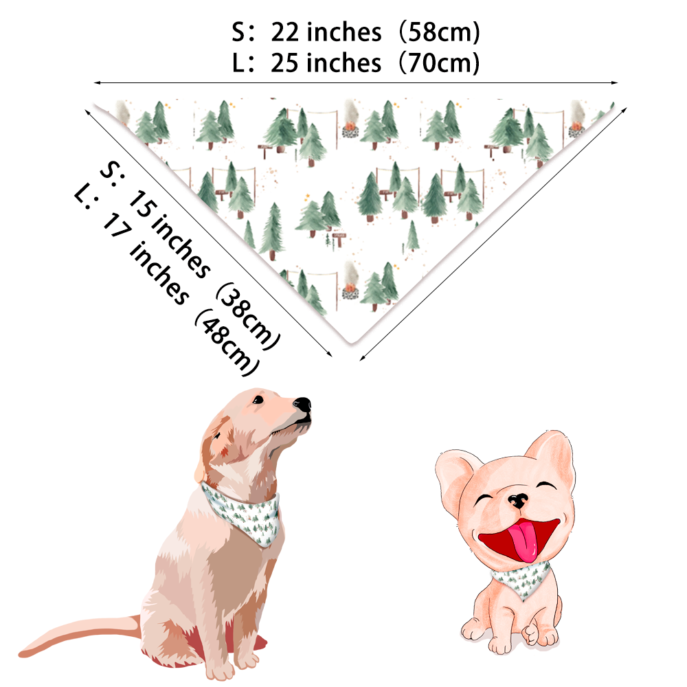 Size chart diagram for the matching watercolor pine tree dog bandana, showing measurements in inches and centimeters for Small and Large pet sizes.