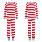 Two matching women's red and white striped long-sleeve Christmas pajama sets with heather grey cuffs and round necklines, displayed on a white background.