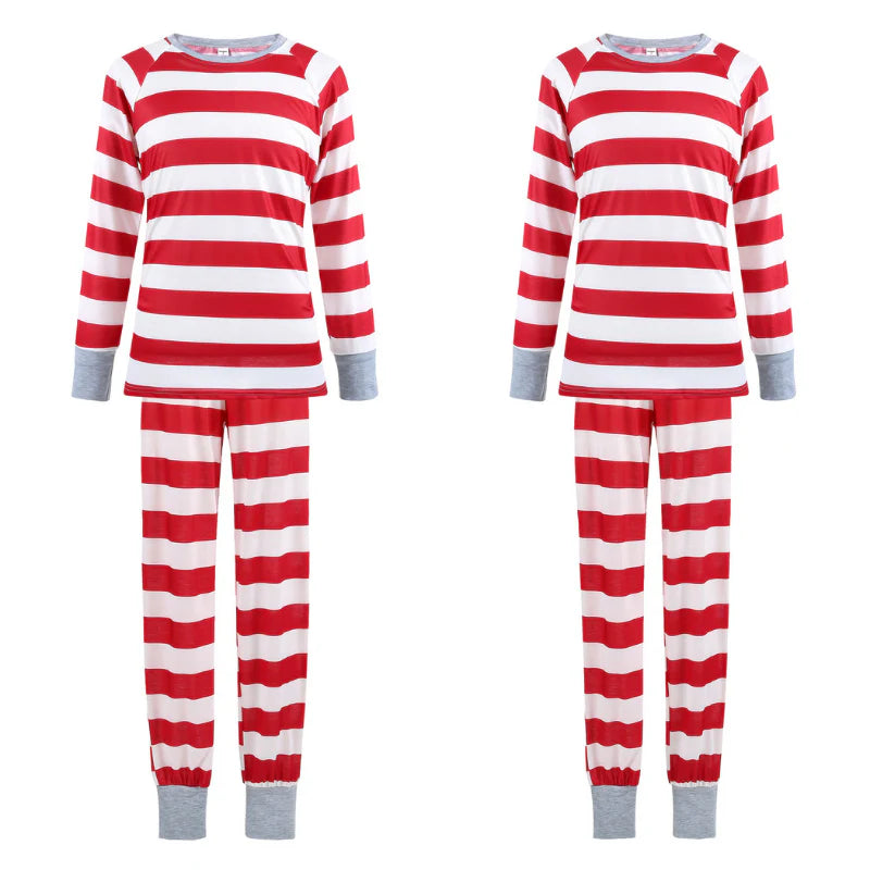 Two matching women's red and white striped long-sleeve Christmas pajama sets with heather grey cuffs and round necklines, displayed on a white background.