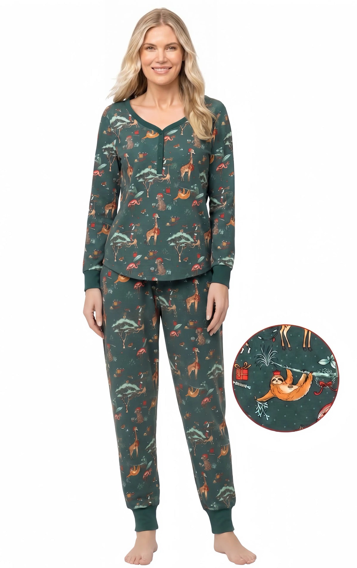 Woman modeling forest green animal-print pajamas with a V-neck button placket and an enlarged print detail inset.