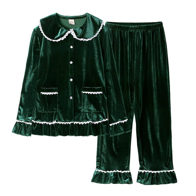 Women's green velvet two-piece pajama set with ruffle trim