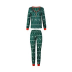 Product shot on white background of a women's dark green Fair Isle pajama set featuring a buttoned V-neck Henley top and slim-fit pants with red trim.