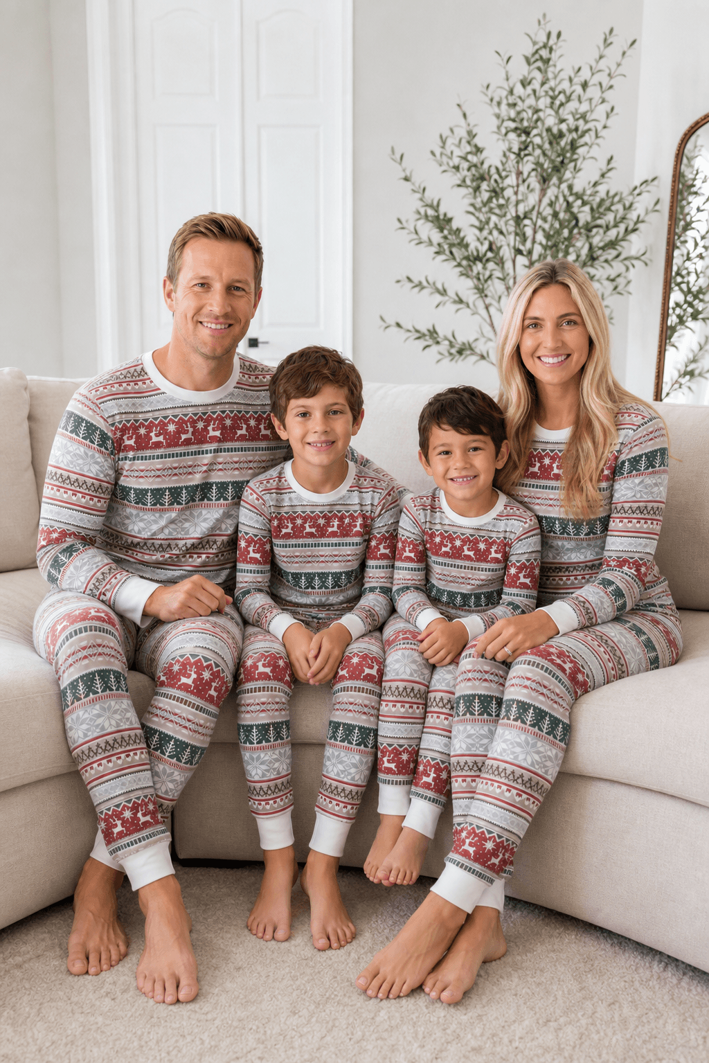 Parents and two boys sitting on a cream sofa in grey Christmas pajamas with red reindeer bands and green tree rows.