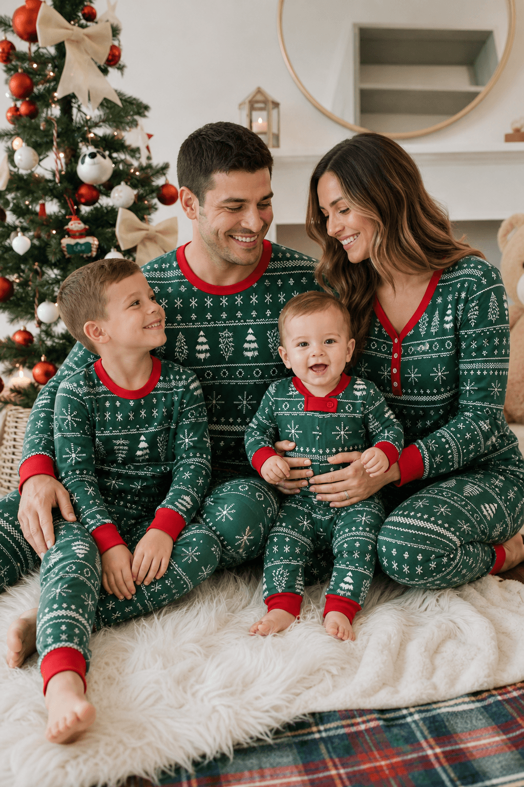 Family sitting together beside a Christmas tree in green Fair Isle pajamas, with a baby on mother's lap.